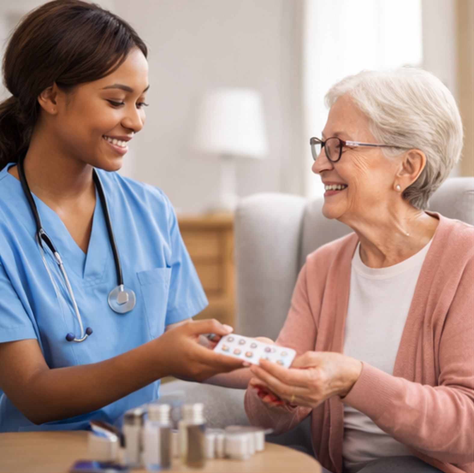 Professional caregiver assisting with medication management